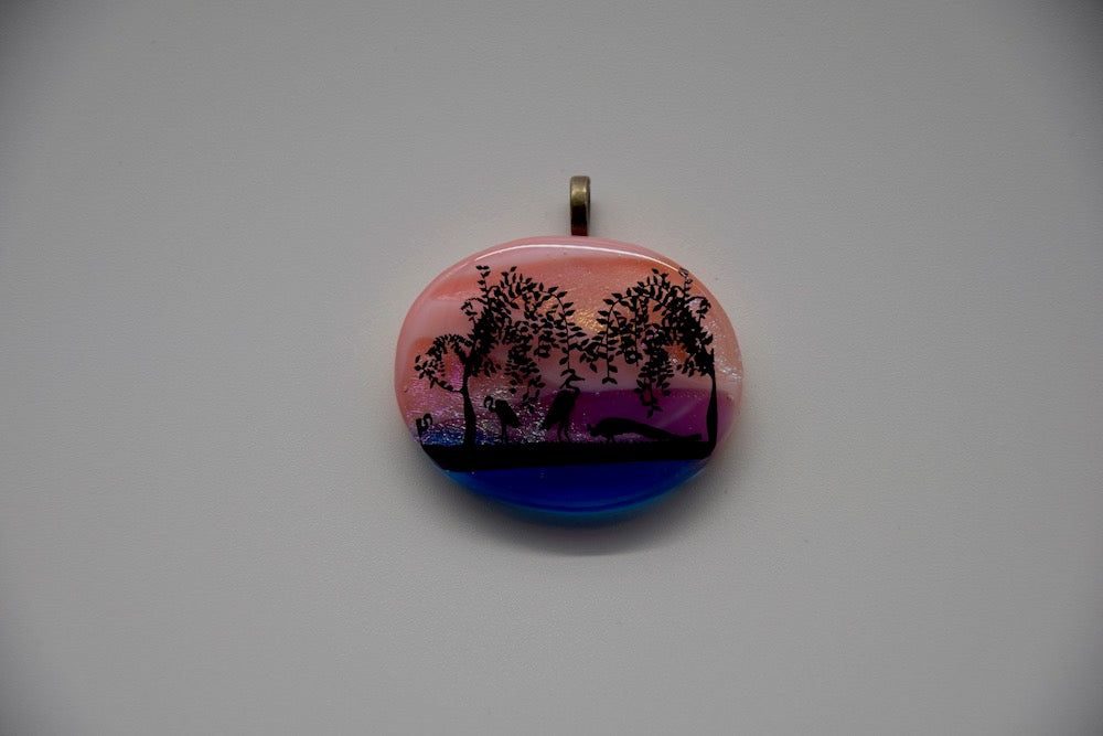 Sunset Trees &amp; Peacocks Dichoroic Glass Pendant