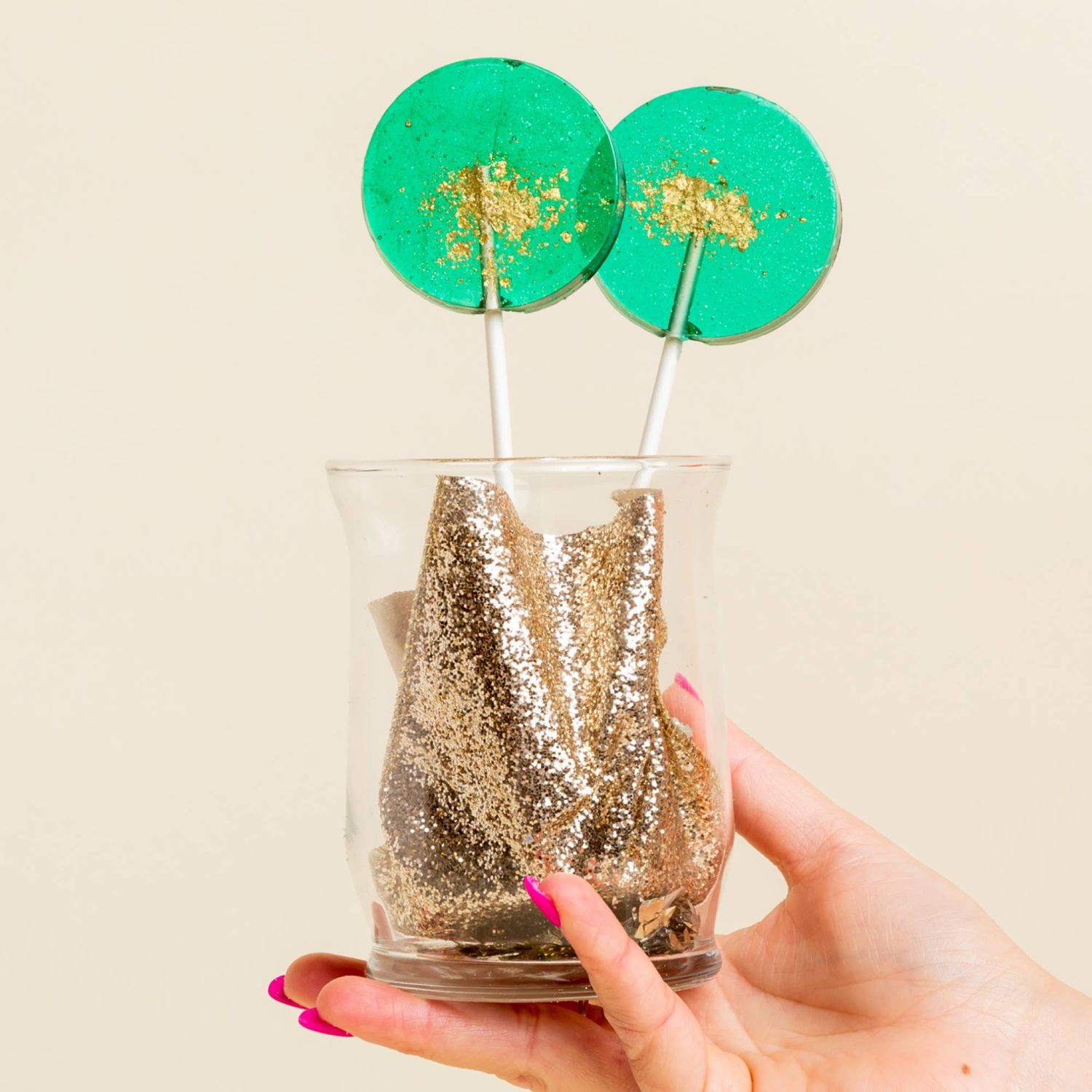 Teal and Gold Sparkle Lollipops -- Green Apple