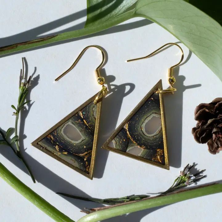 Triangle Geode Agate Earrings - Green
