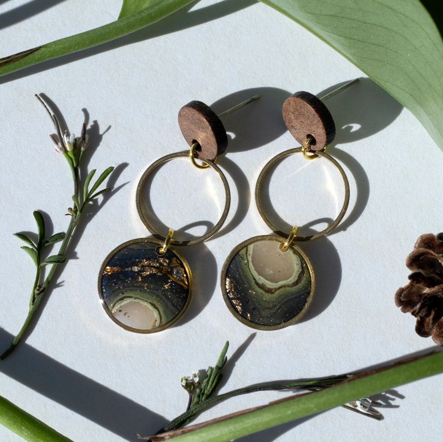 Wood and Resin Geode Dangle Earrings - Green