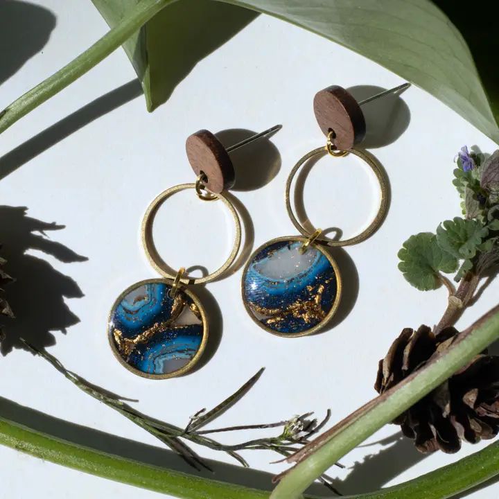 Wood and Resin Geode Dangle Earrings - Blue