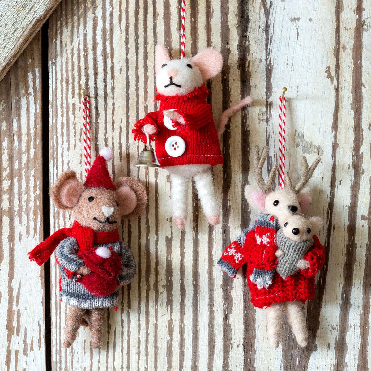 Wool Felted Deer &amp; Mouse Ornaments
