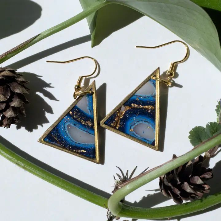 Triangle Geode Agate Earrings - Blue