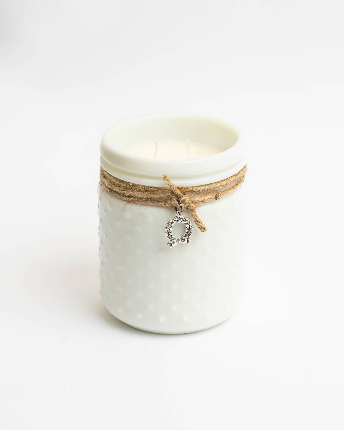 Vintage White Hobnail Candle with Winter/Holiday-Theme Charm: Balsam Fir / Christmas Tree