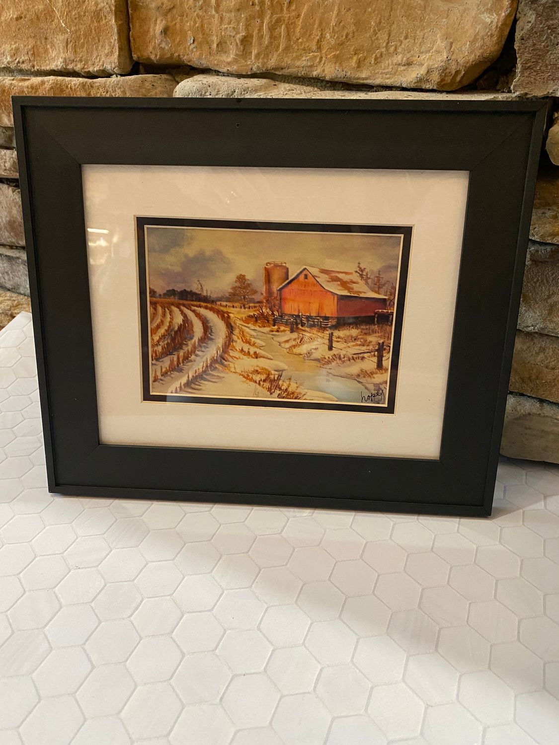 Watercolor Barn Print Matted &amp; Framed