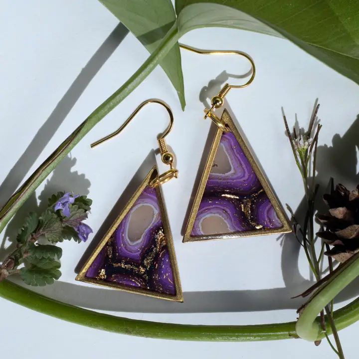Triangle Geode Agate Earrings - Purple