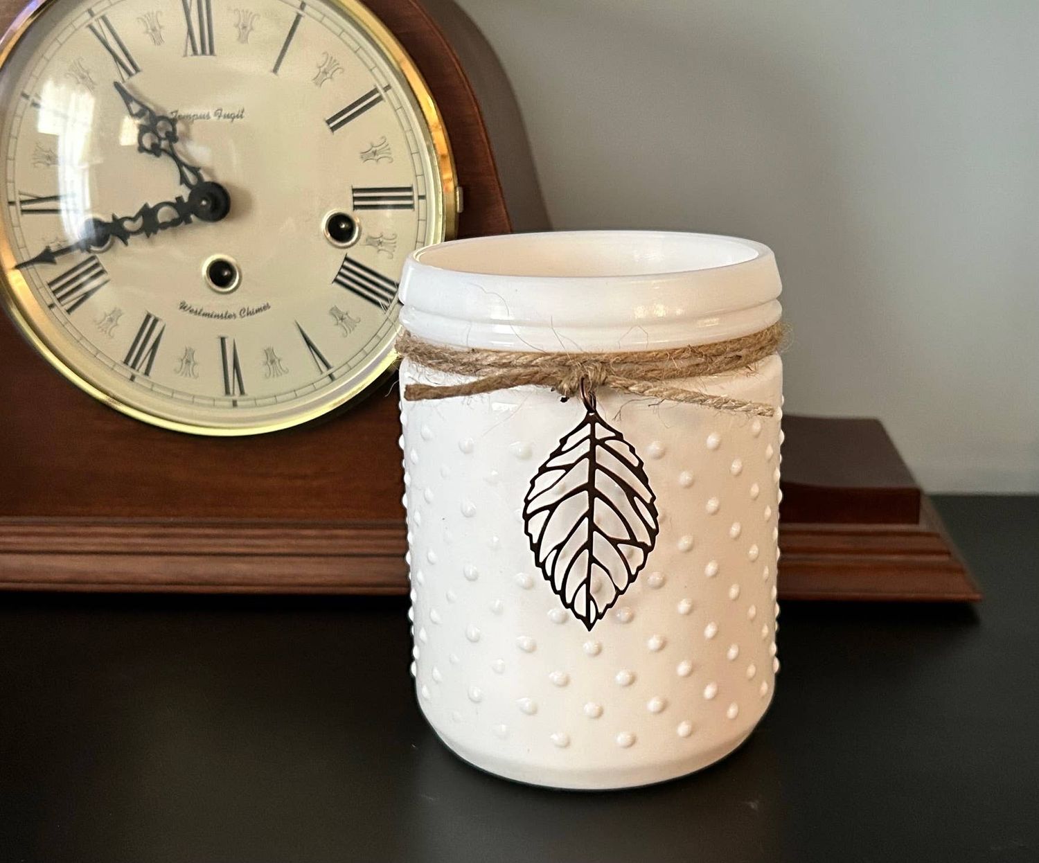 Vintage White Hobnail Candle with Leaf Charm: Harvest Moon