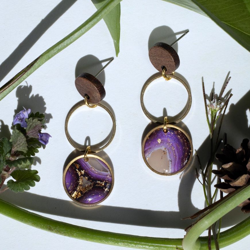 Wood and Resin Geode Dangle Earrings - Purple