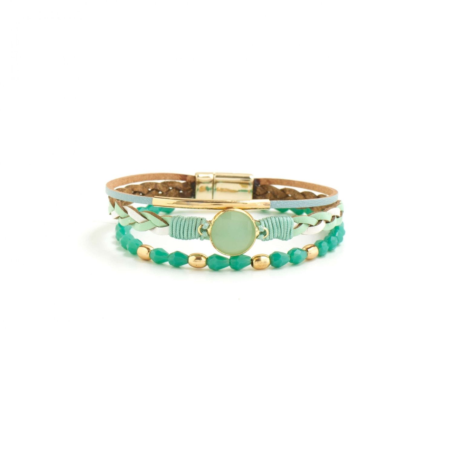 Magnetic Closure Braid and Crystal Bracelet - Gold, Color: Aqua