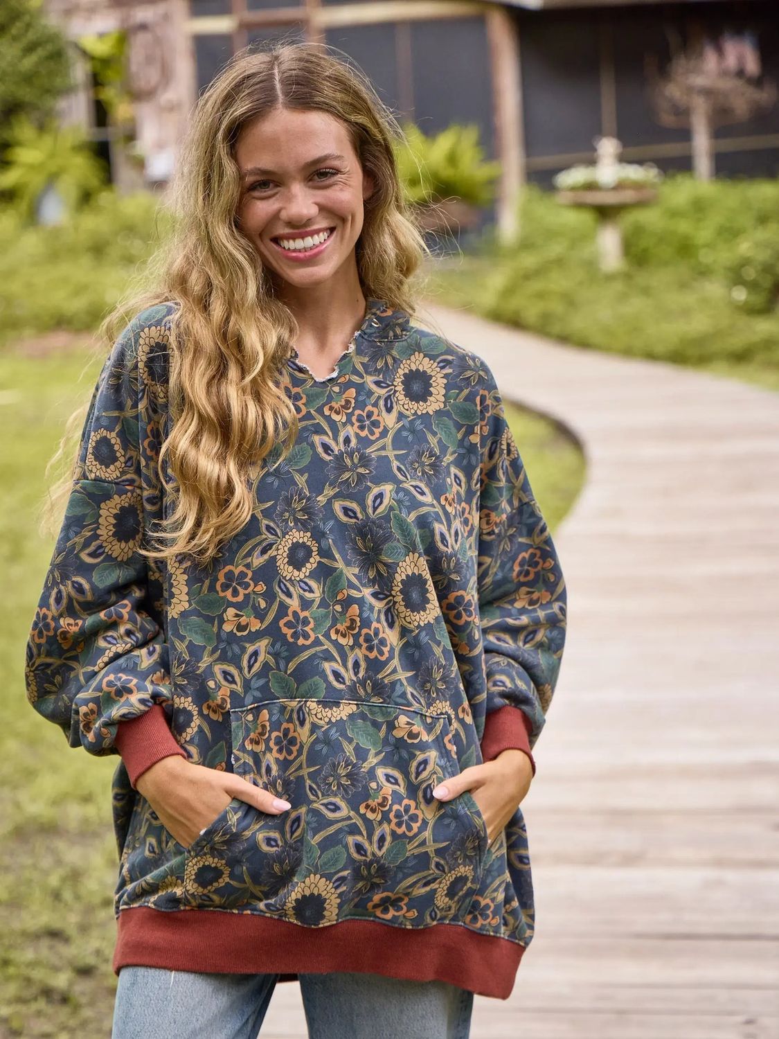 SALE-Oversized printed Hoodie- Navy Tan Dahlias