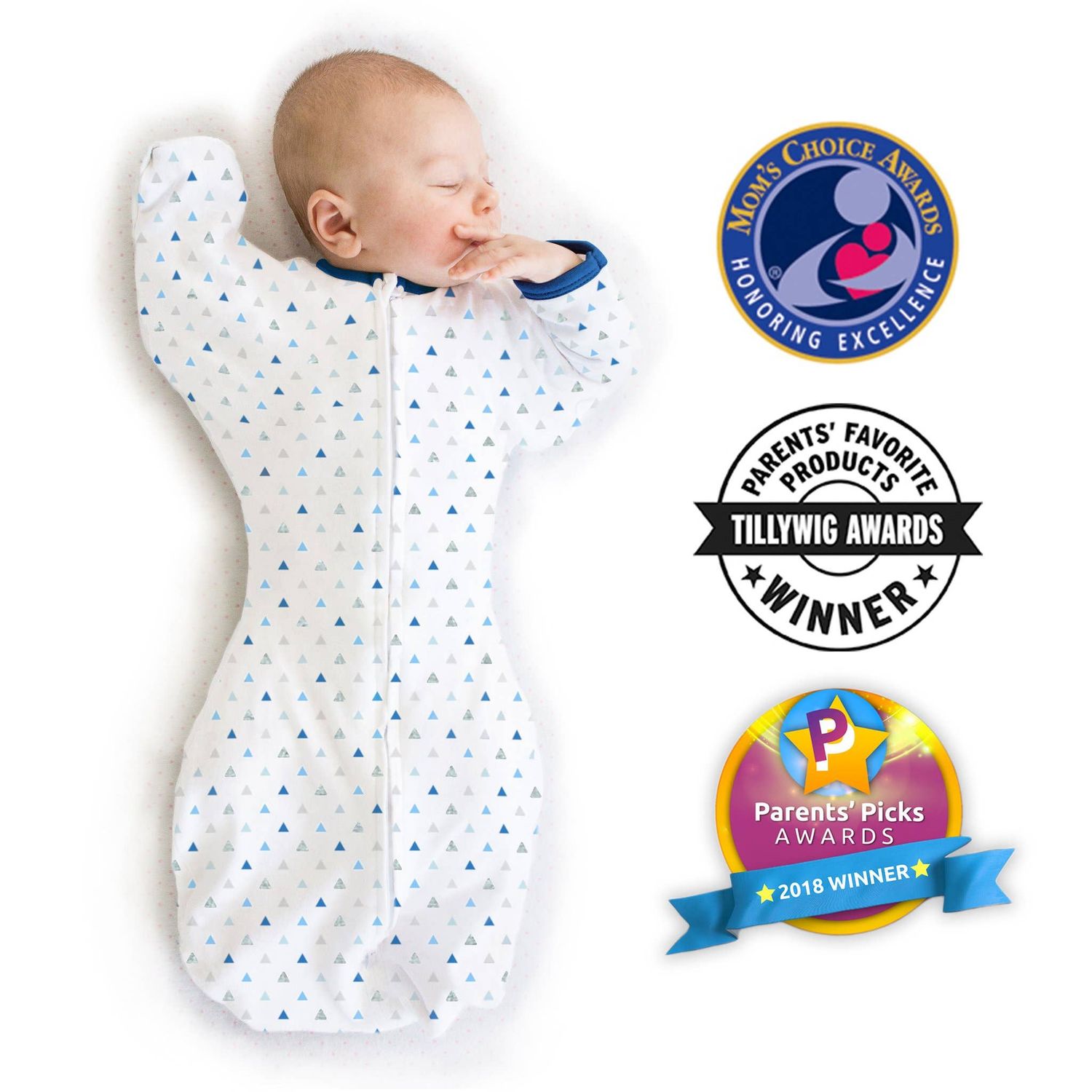 Tiny Triangle Shimmer in Blue Transitional Swaddle Sack with Arms Up Half-Length Sleeves