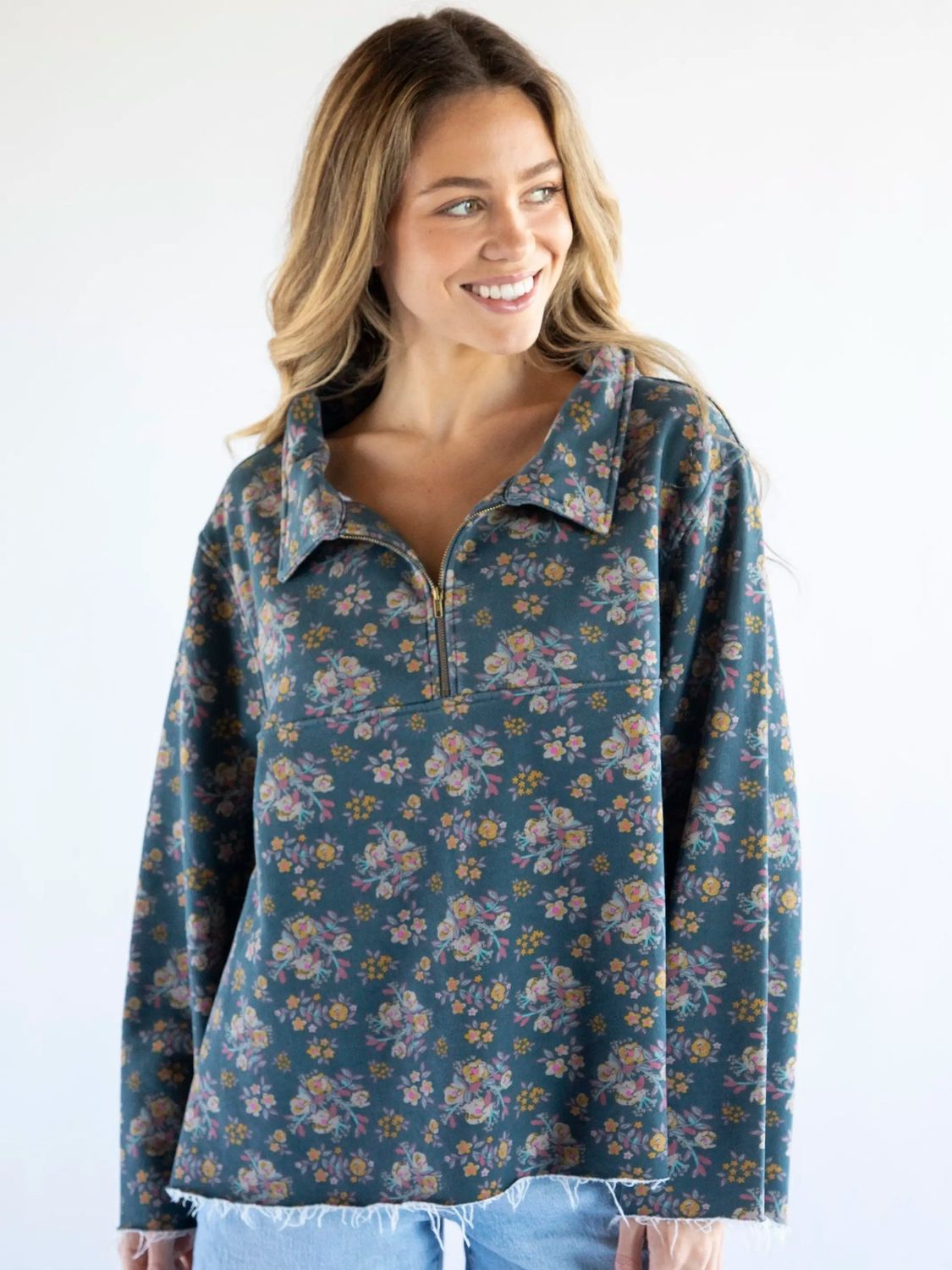 SALE-Easy Does It Sweatshirt in Slate Floral Blooms