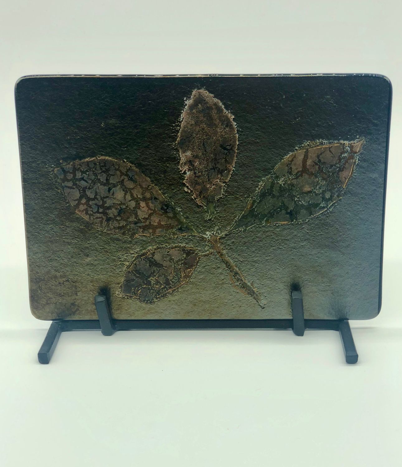 Leaf Fossil Infused Glass, Title: Green and Gold Hickory Leaf
