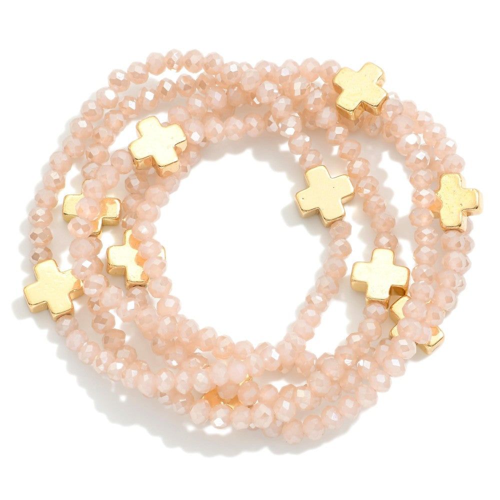 Dainty Faceted Glass Stacking Bracelets with Delicate Cross Accent, Color: blush-pink