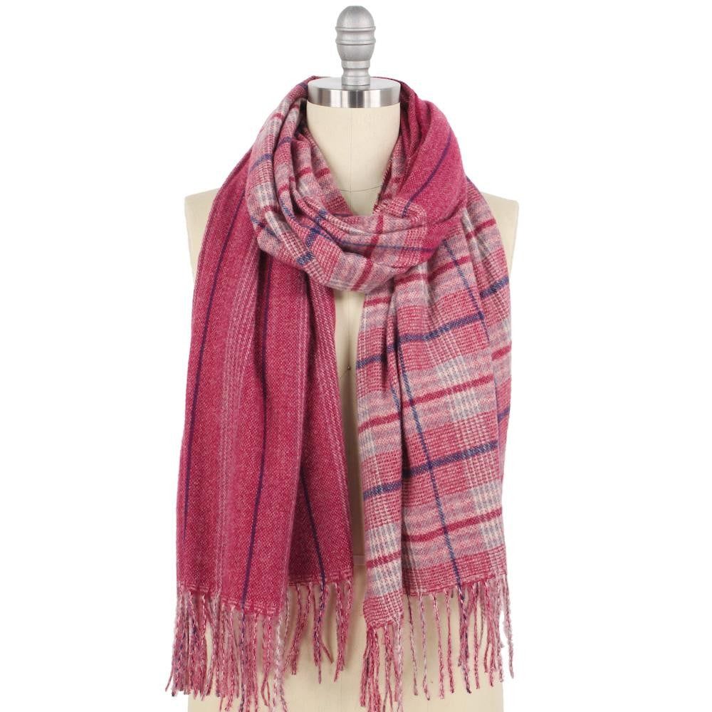 C.C. Brand Half Plaid Stripe Oblong Scarf with Tassels, Color: Red