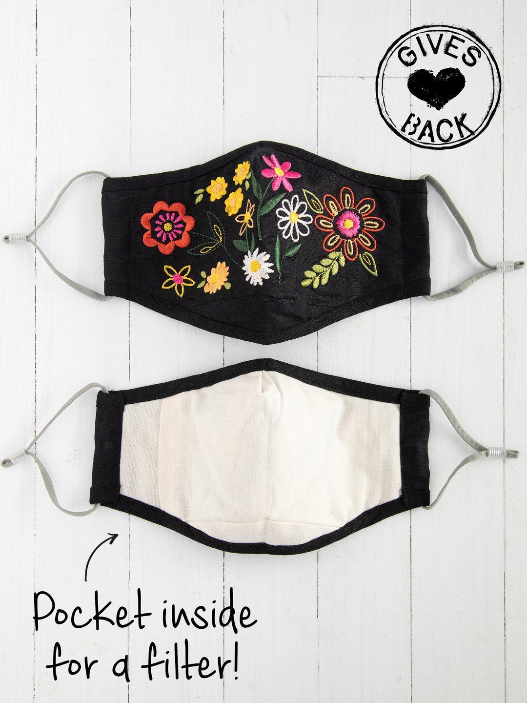 Natural Life Floral Embroidered Face Masks, Color: Black