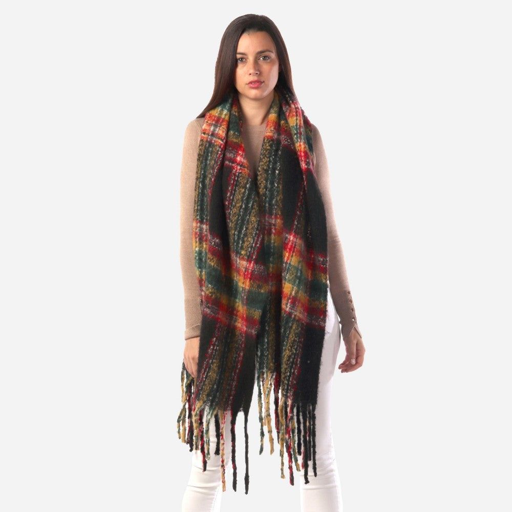 C.C. Brand Women's Fuzzy Plaid Print Oblong Scarf Featuring Tassel Trim, Color: Black