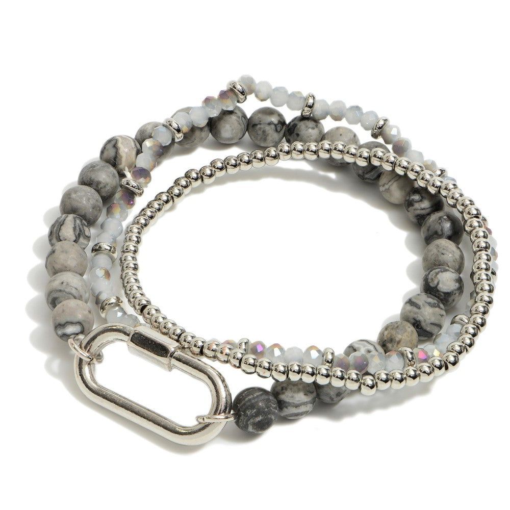 Riley Beaded Carabiner Stretch Bracelet Sets, Size: Gray