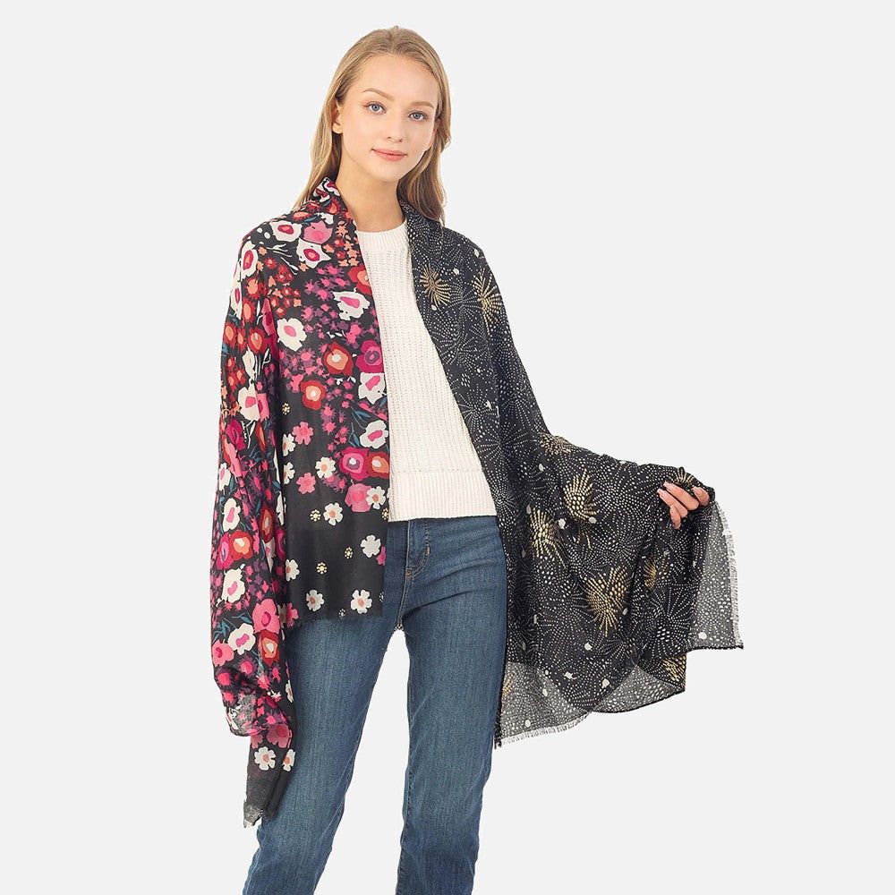 Assorted Lightweight Floral Scarves, Color: Black