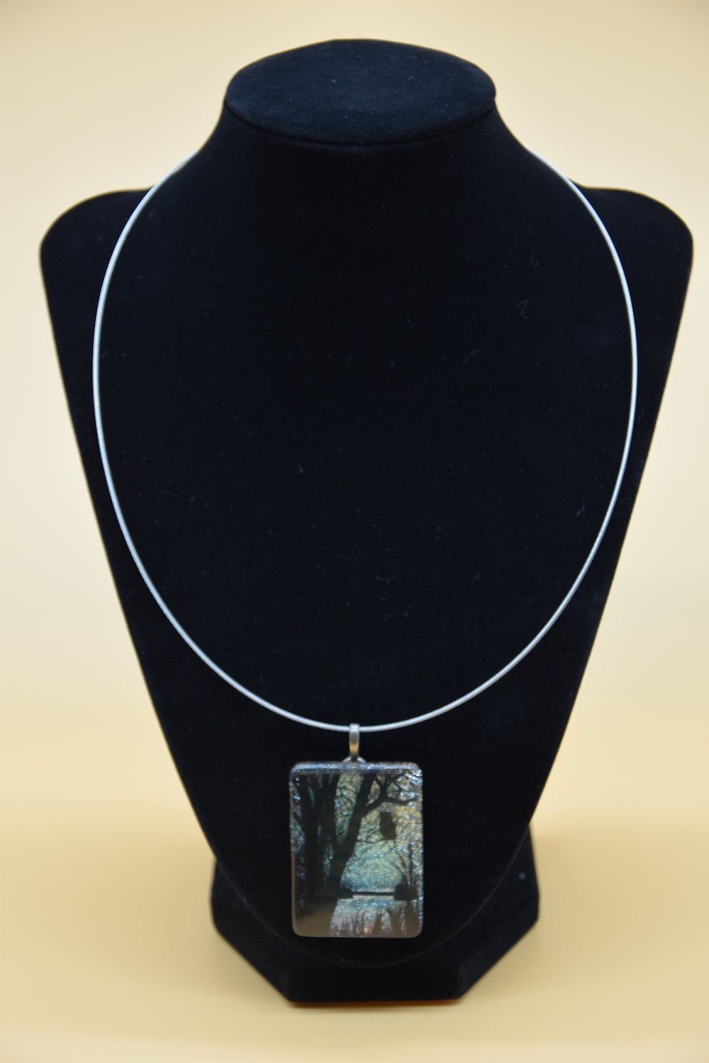 Perched Owl in Tree Dichoroic Glass Pendant, Style: Night scene