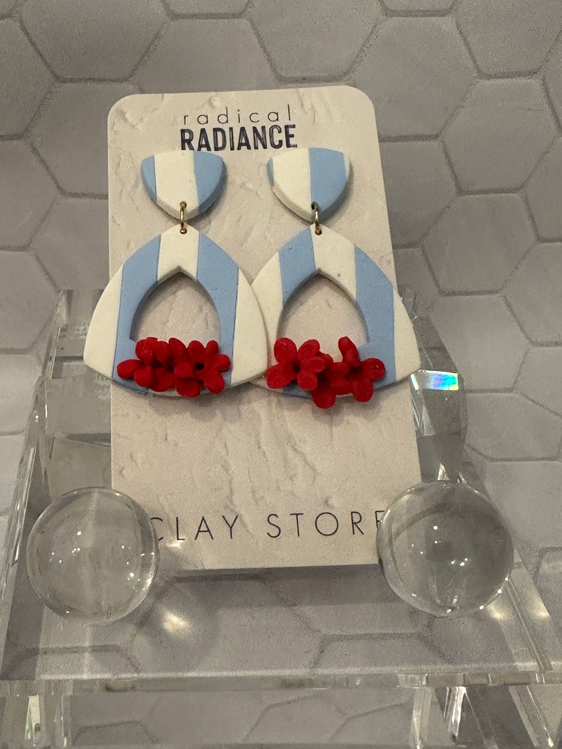 Radical Radiance Clay Store Fancy Dangle Earrings, Color: Blue &amp; White Stripe with Red Flowers