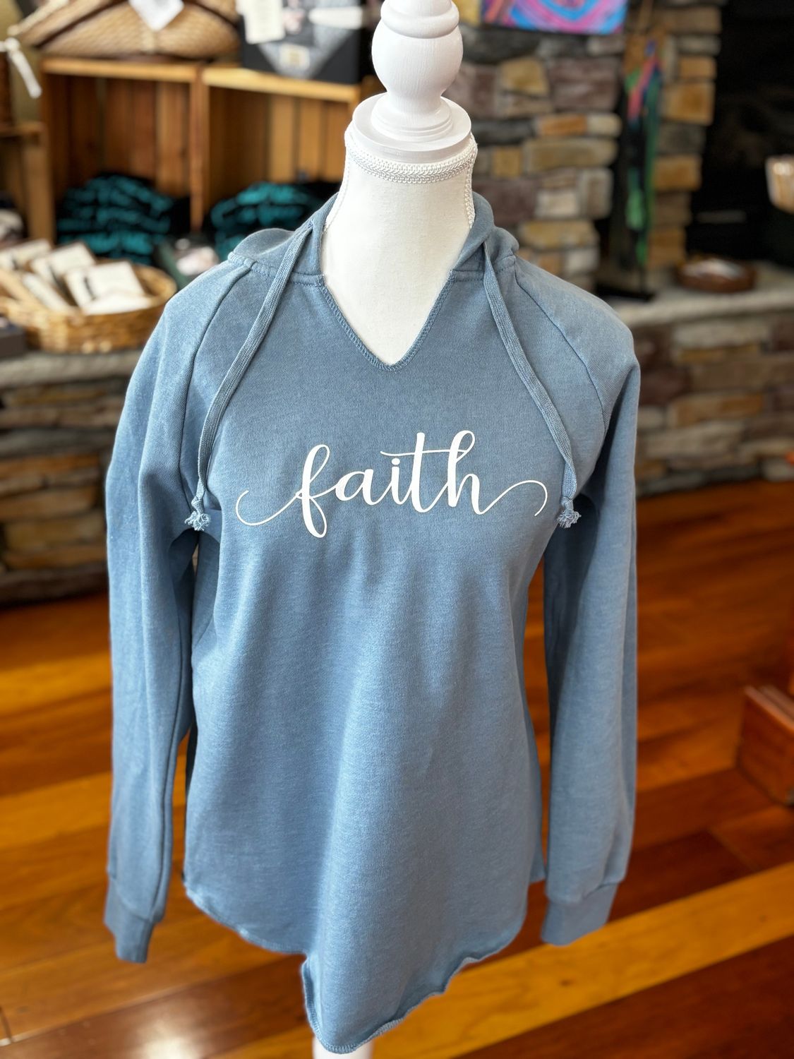 Faith- Hooded V-neck Sweatshirt in Blue