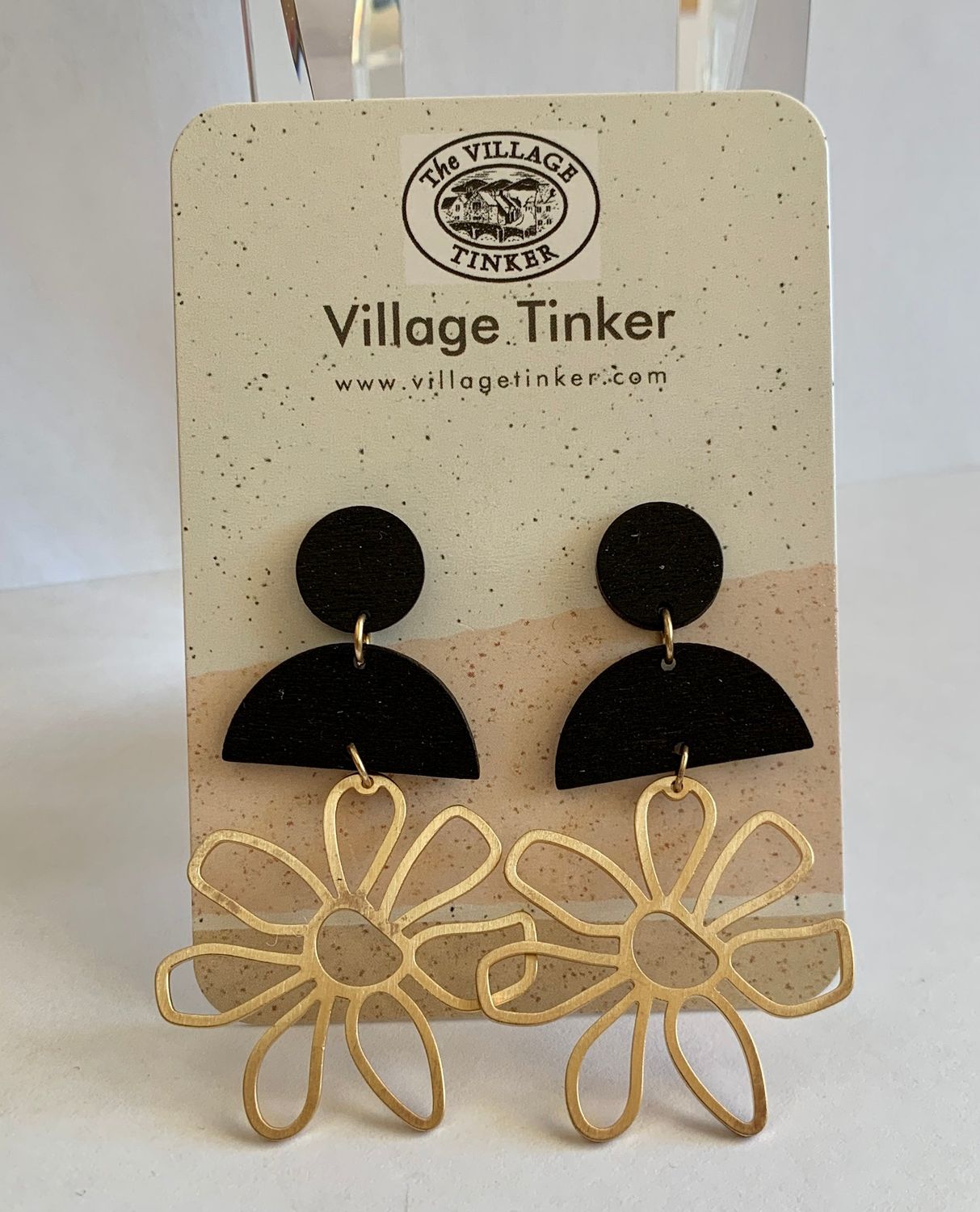 Wood Flower Earrings, Color: Black and Gold