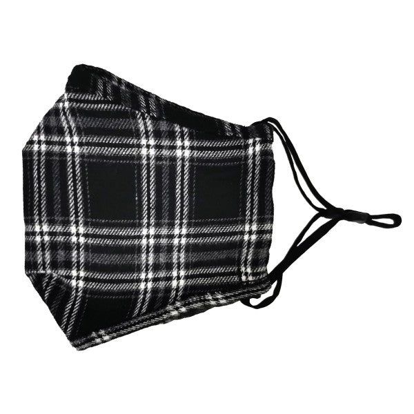 Adjustable Plaid Print Face Mask with Filter Pocket, Color: Black Plaid