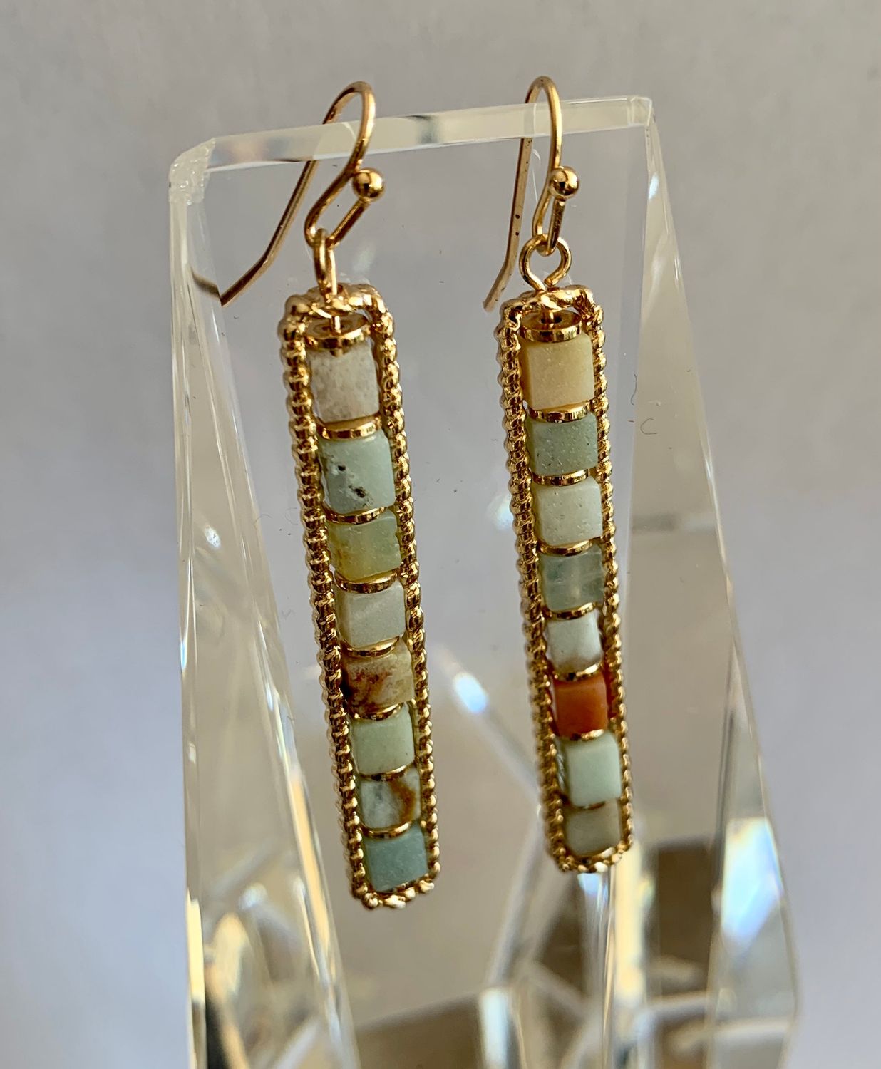 Stone Bar Earrings, Color: Aqua and Gold