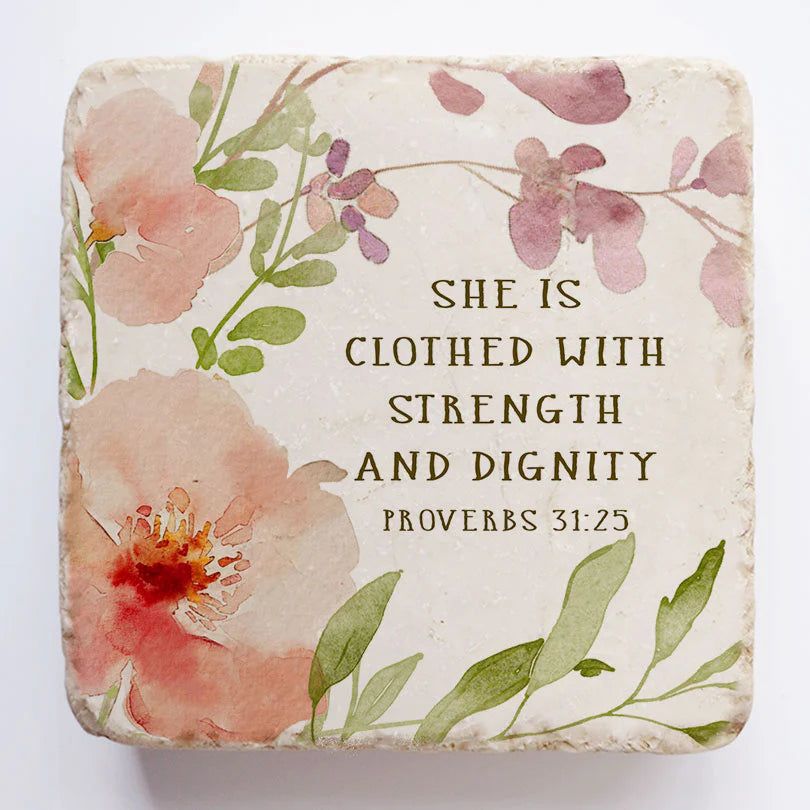 She is clothed with strength and dignity scripture stone