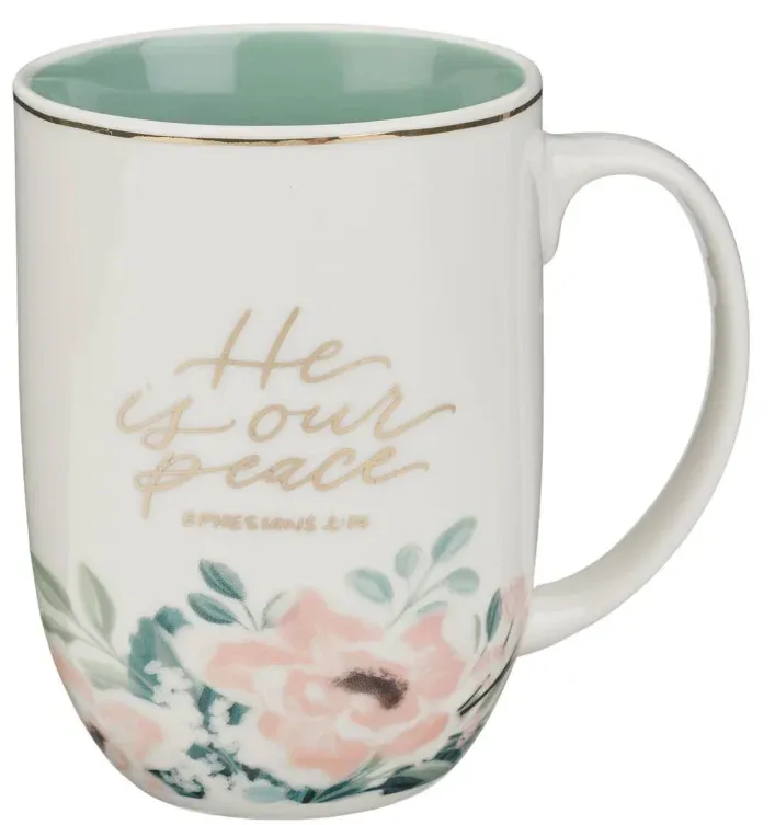 He Is Our Peace Green Floral Ceramic Coffee Mug – Ephesians 2:14