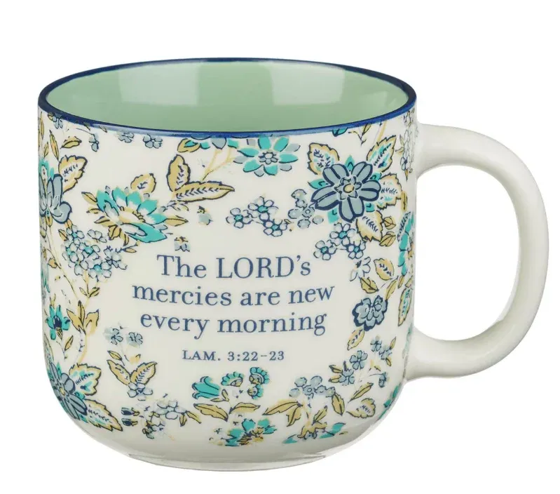 Morning Mercies Blue and Green Floral Ceramic Coffee Mug - Lamentations 2:22-23