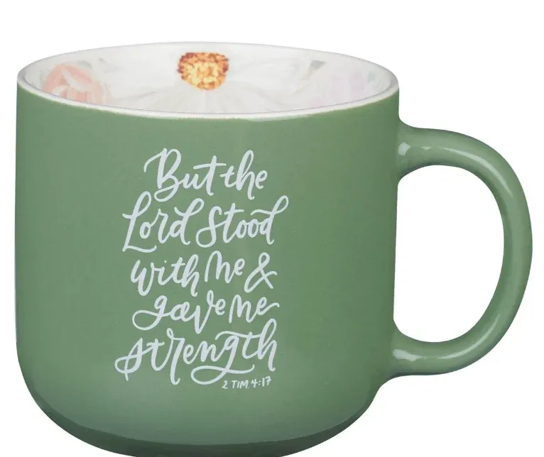 The Lord Stood with Me Sage Green Floral Ceramic Coffee Mug – 2 Timothy 4:17