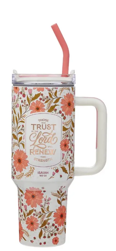 Trust In The Lord Coral Cascade 40 oz Stainless Steel Tumbler with Straw - Isaiah 40:31