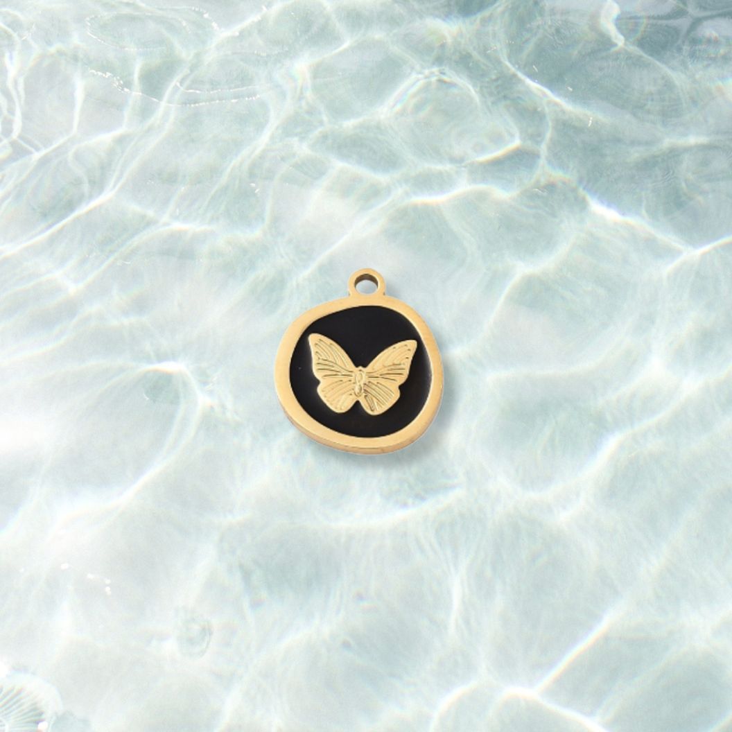 Gold Whimsical Black Butterfly Charm | Waterproof Stainless Steel