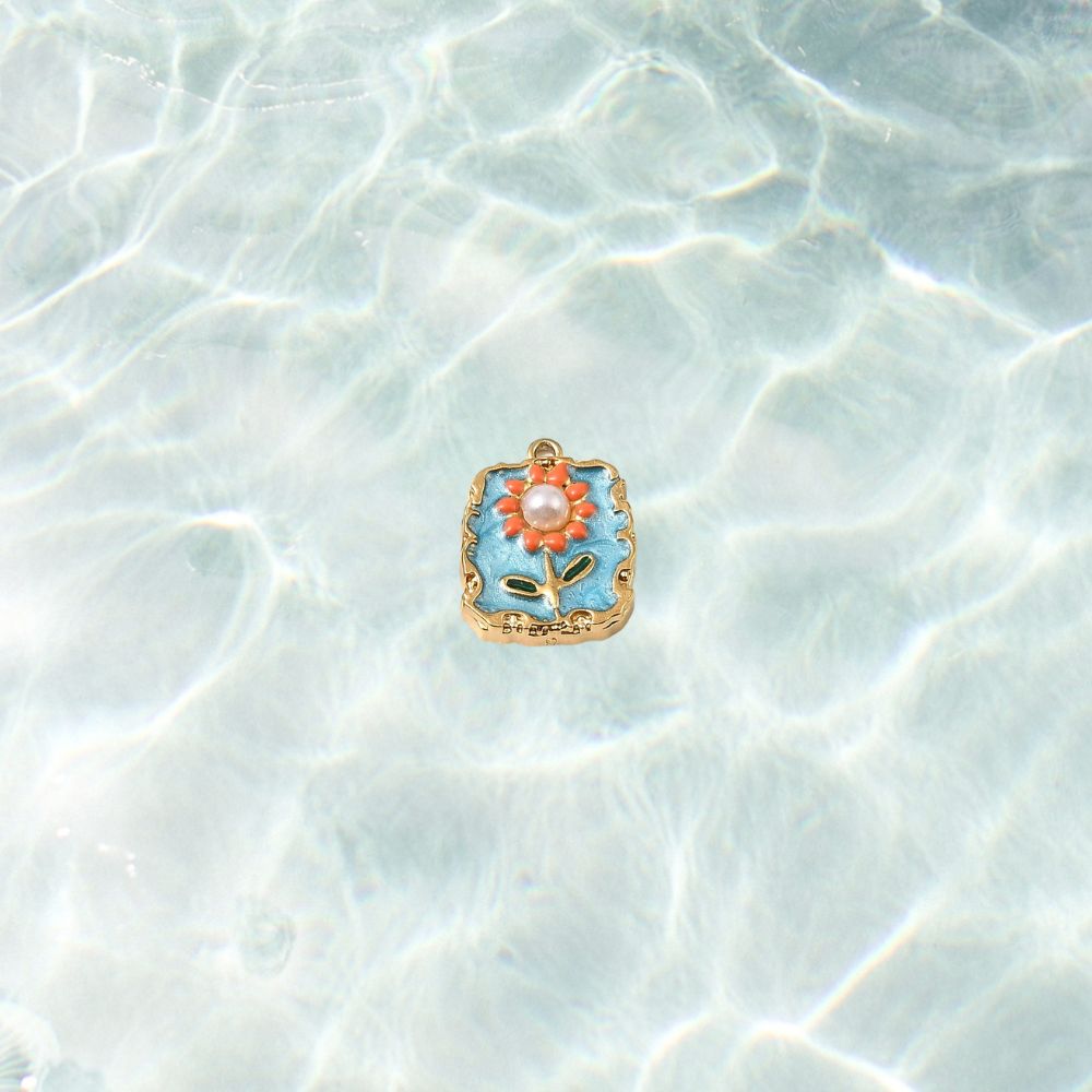 Gold Floral with Pearl Tile Charm - Waterproof Stainless Steel