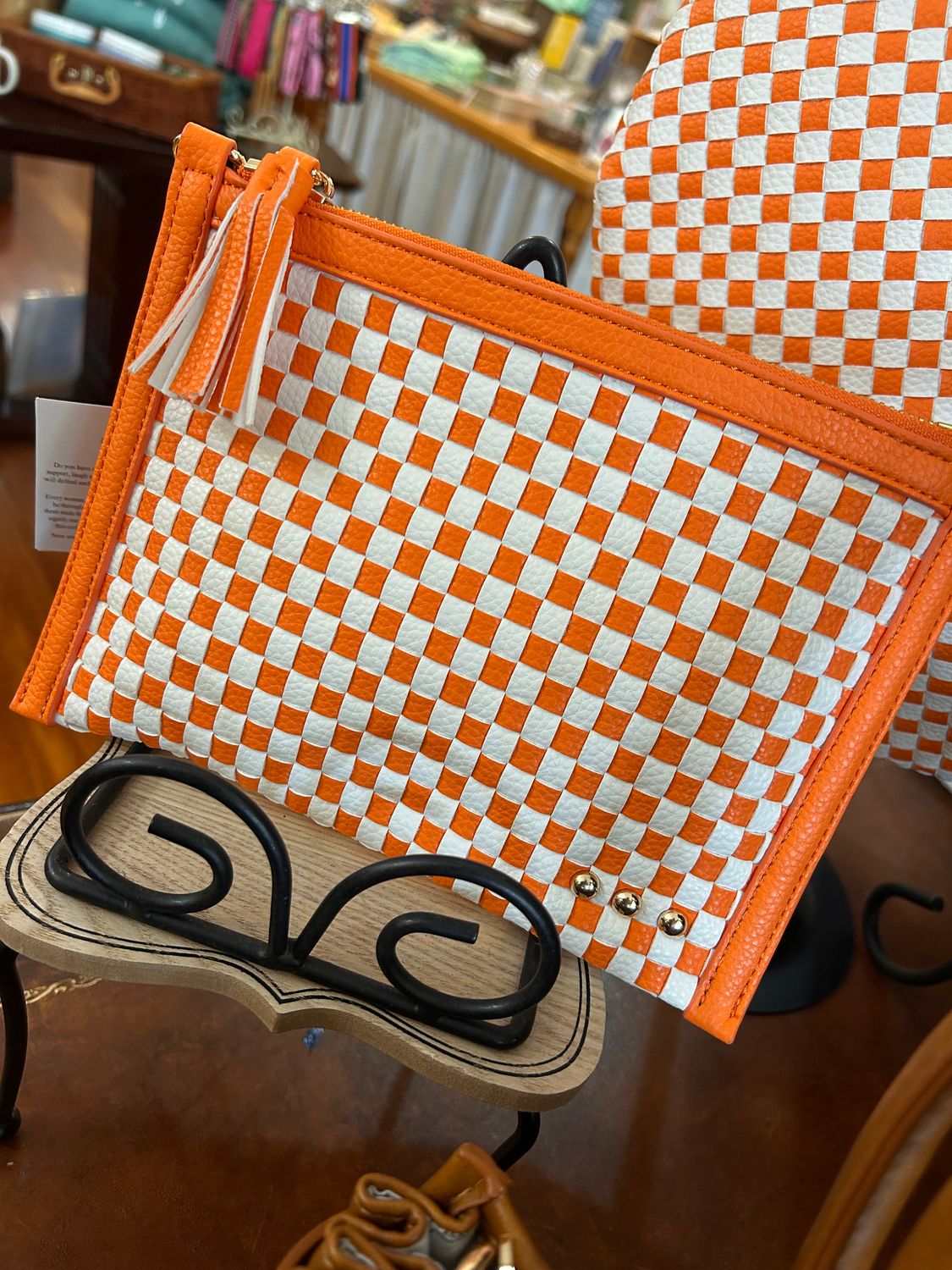Checkered Orange Veda Crossbody Clutch