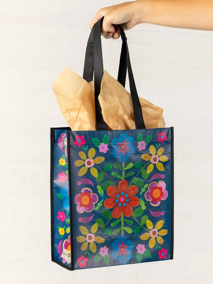 Large Happy Bag Dk Teal Folk Flower