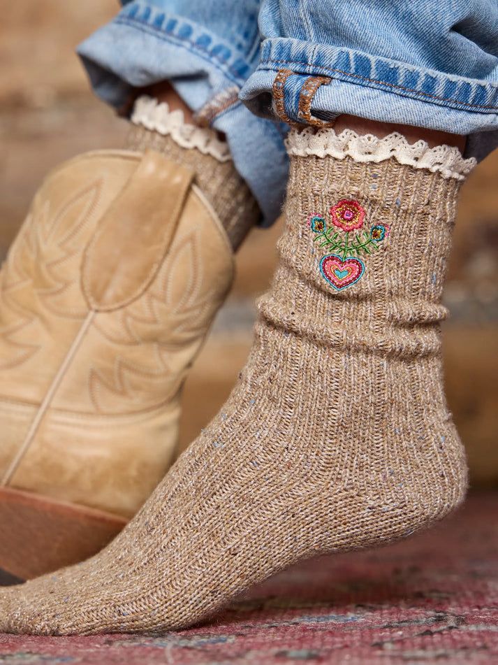 Little Things Embroidered Sock Folk Flower