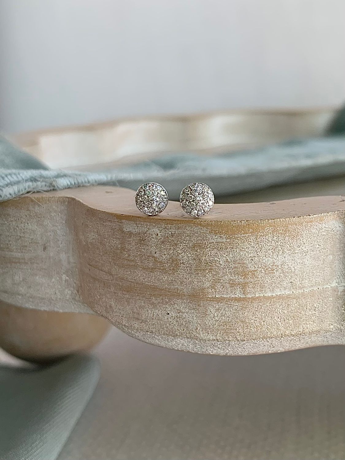 Dainty Disco Ball Pave Diamond 14k White Stud Earrings
