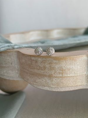 Dainty Disco Ball Pave Diamond 14k White Stud Earrings