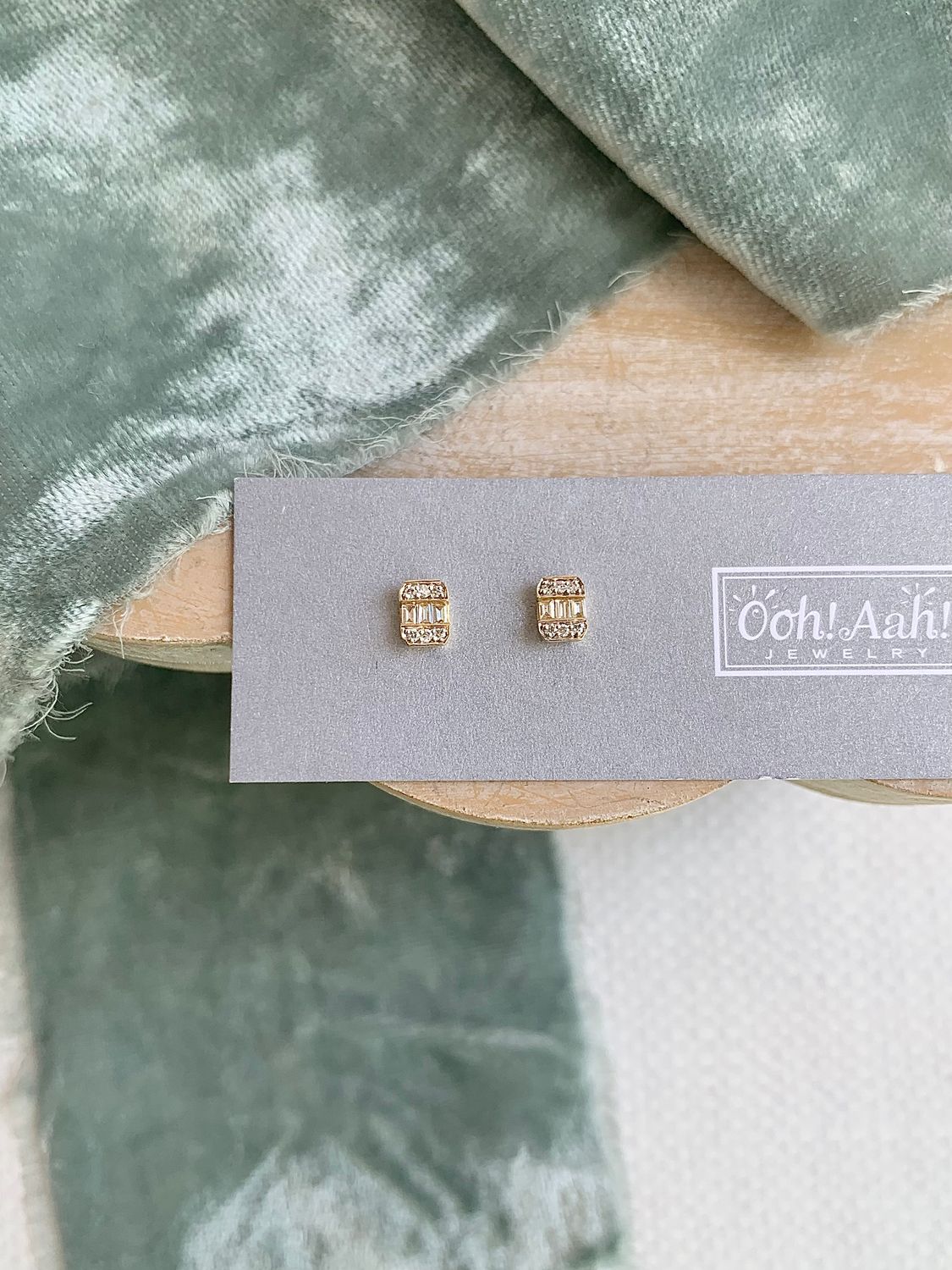Pave Bookend Baguette 14k Yellow Gold Stud Earrings