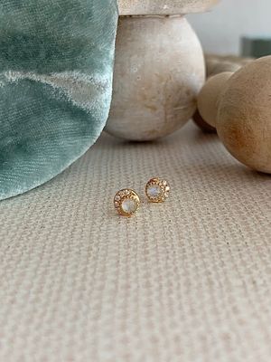Petite Eclipse Moonstone Diamond 14k Yellow Stud Earrings