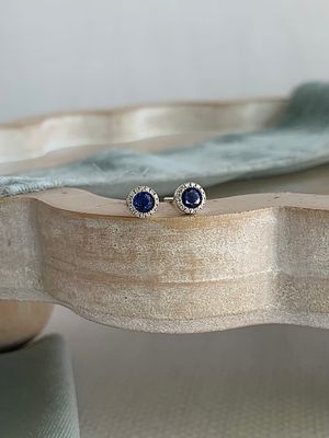Sapphire Diamond Halo 18k White Gold Stud Earrings