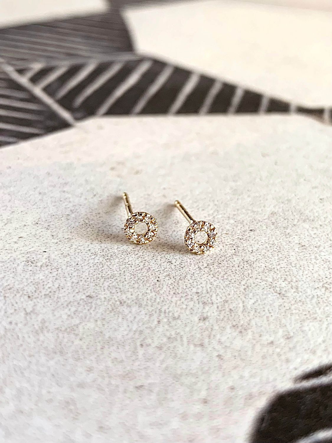 Petite Open Circle Pave Diamond Yellow Gold Post Earrings