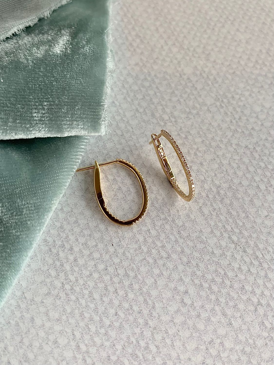 Oval Pave Diamond 14k Yellow Gold Hoop Earrings