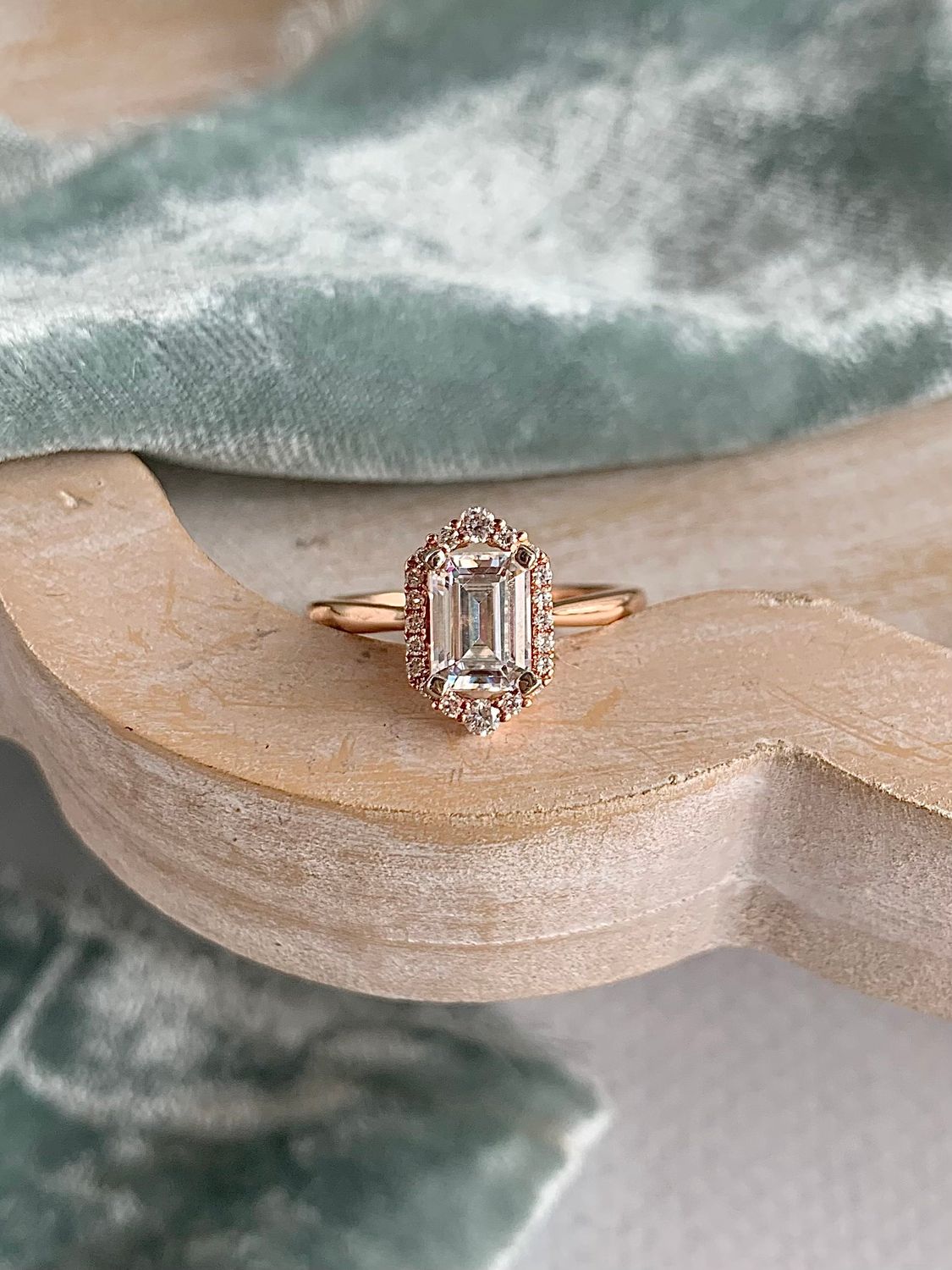 Breslin Emerald Cut Moissanite Halo 14k Rose Gold Engagement Ring
