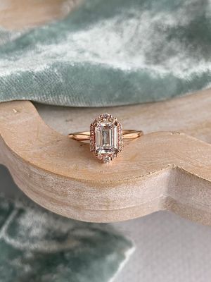Breslin Emerald Cut Moissanite Halo 14k Rose Gold Engagement Ring