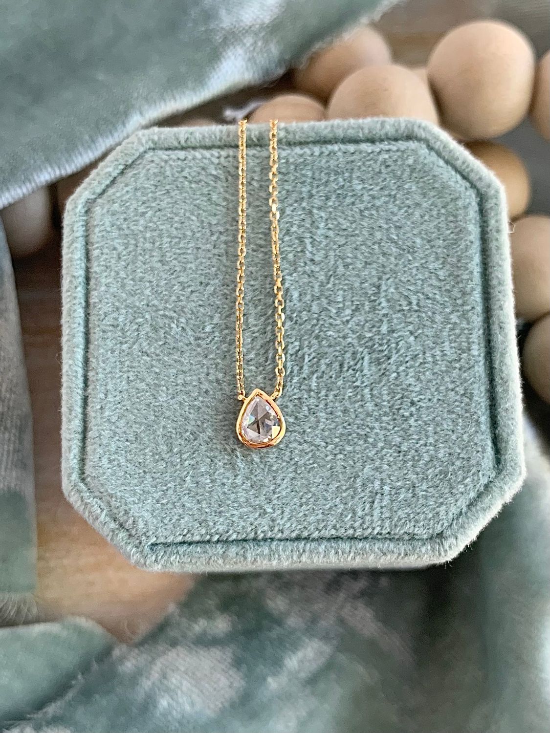 Dainty Raindrop Rose Cut Diamond 18k Yellow Gold Necklace