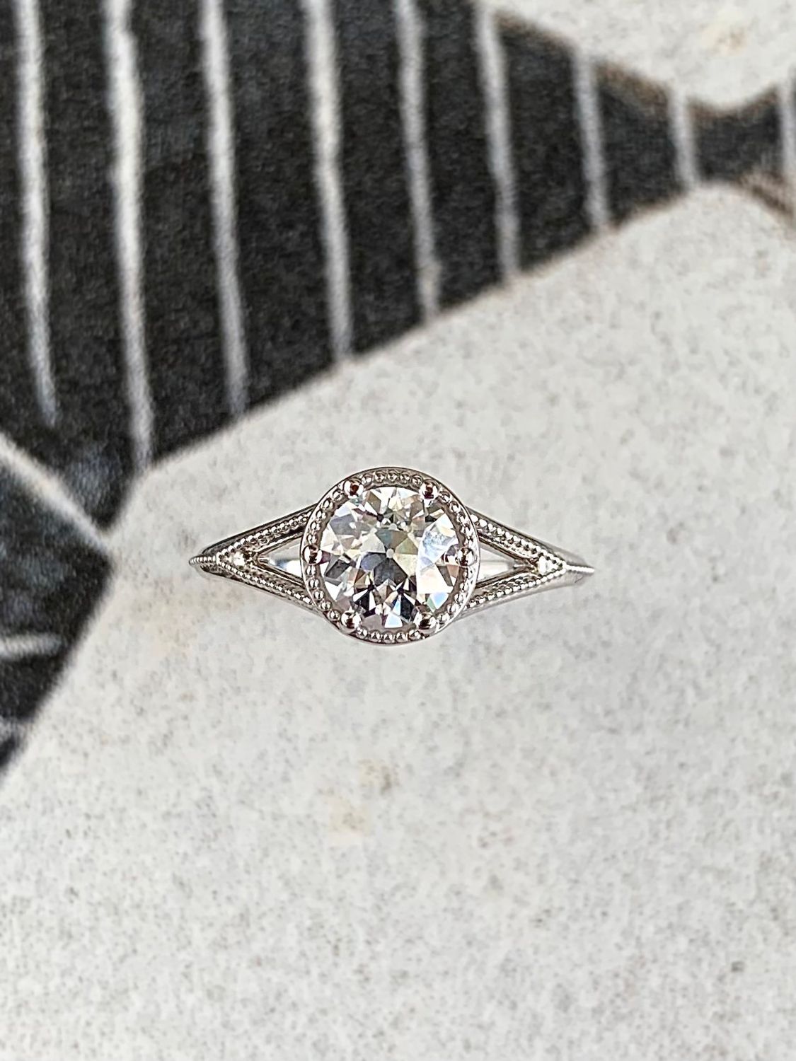Bijou Round Old European Cut Moissanite Split Shank 14k White Gold Engagement Ring